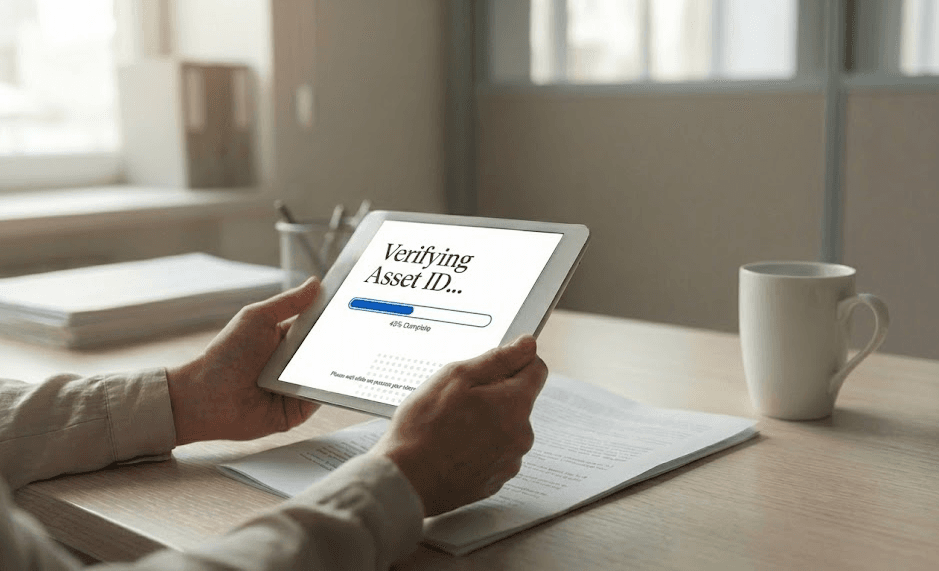 Person at a desk holding a tablet that reads “Verifying Asset ID”