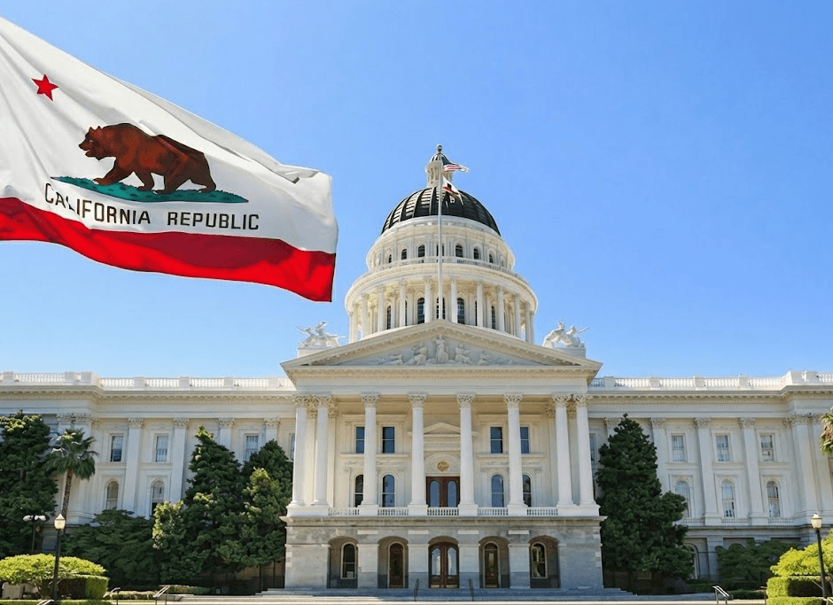 California state flag flying beside the domed State Capitol in Sacramento